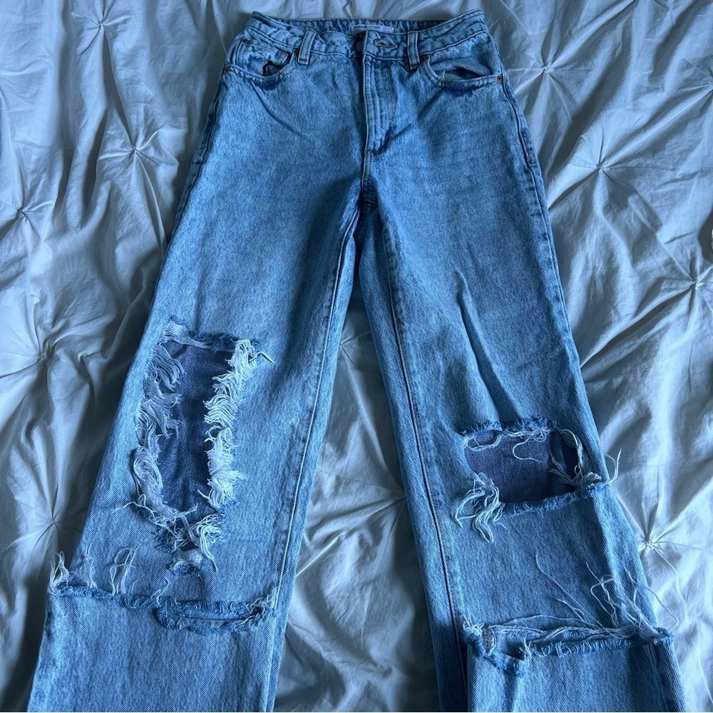 Garage Blue Straight Leg High Rise Distressed Jeans